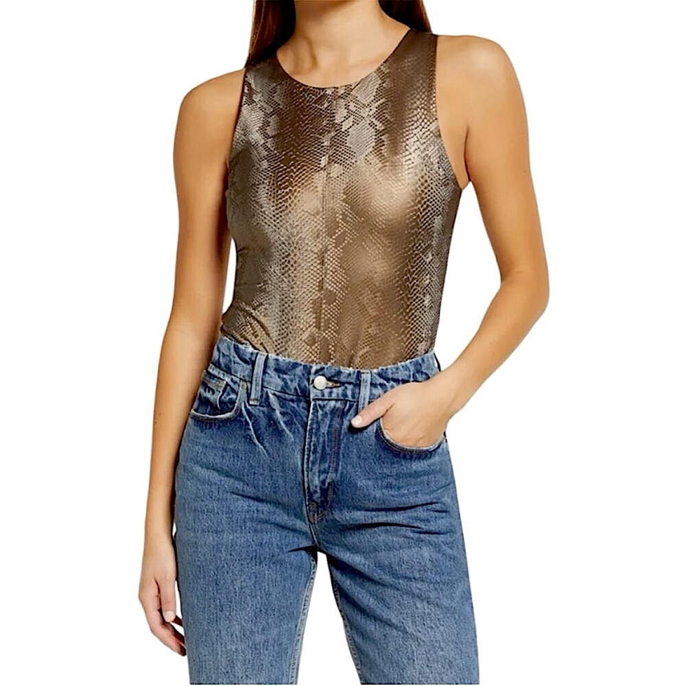 Good American Metallic Bronze Snakeskin Print Sleeveless Bodysuit Size Small NWT